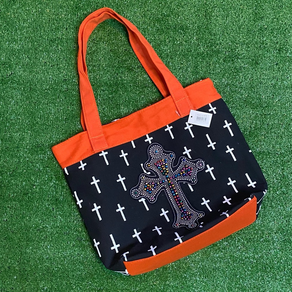 Allover Crosses Print Colorful w/ Blingy Gothic Cross Hand Carry Tote Bag Black